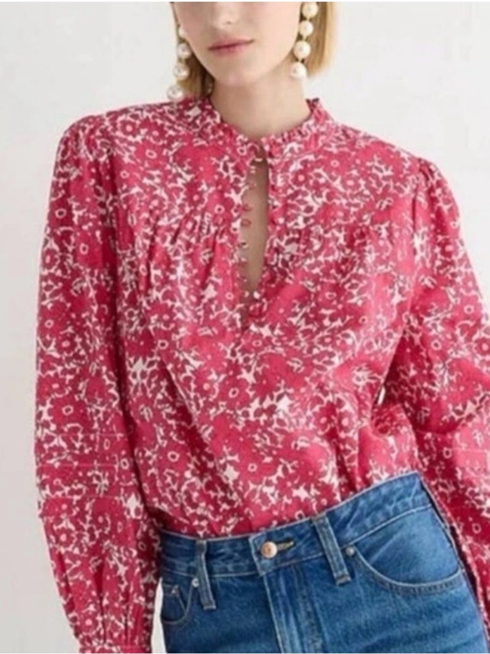 J. Crew Cotton Floral Long Sleeve Popover Blouse Top Pink Peasant Cottagecore S